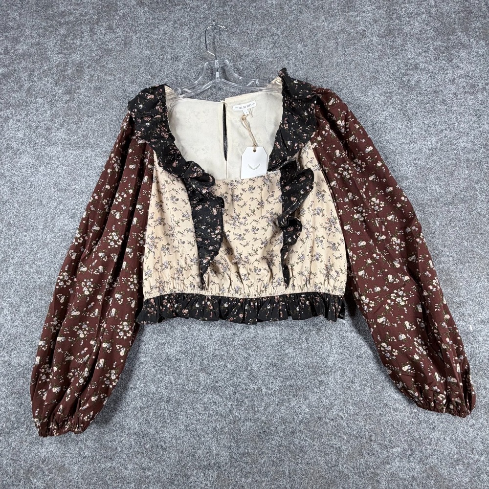 NWT Free The Roses Floral Colorblock Top Womens L Multicolor‎ Puff Long Sleeves